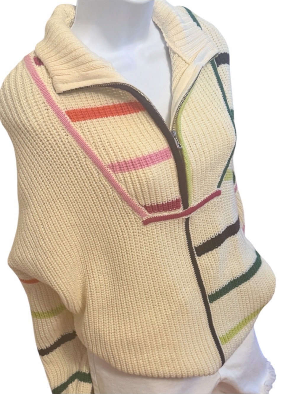 STAUD Hampton Sweater Creme Rainbow Multi Half Zip Knit NWT L